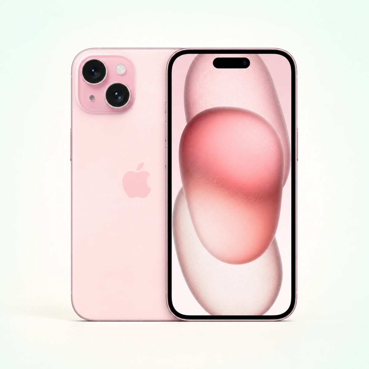 Розовый iPhone 15, вид спереди и сзади