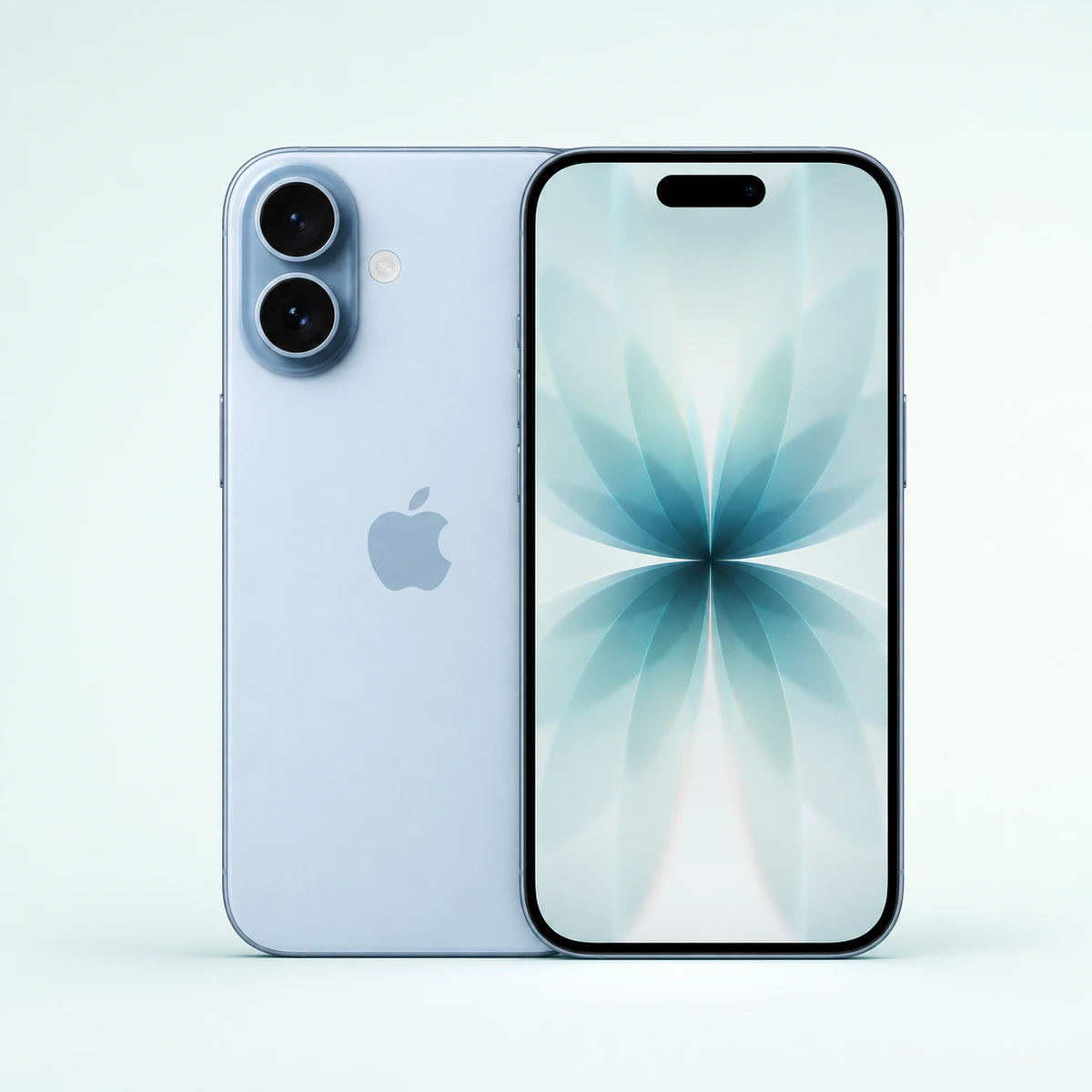 Дымчато-голубой iPhone 17, вид спереди и сзади